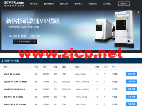 80VPS：香港cn2/香港cera，2核/1G内存/25G硬盘/不限流量/2Mbps带宽，299元/年